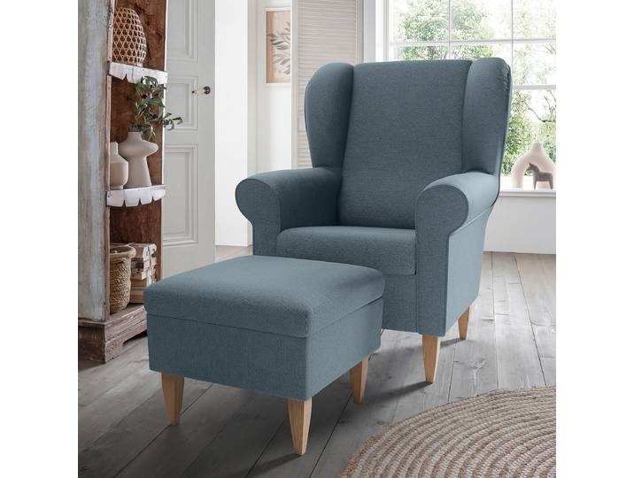 Sessel mit optionalem Hocker Blau Webstoff Fjola mit Hocker