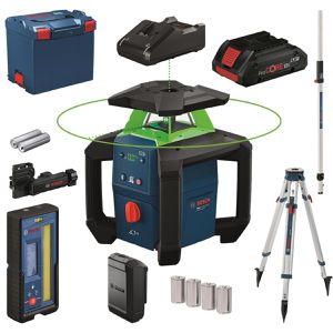 Bosch Rotationslaser 0615A500DH, Lotpunkt & App-Steuerung, Set, grüner 360 Grad Laser, Arbeitsbereich bis Ø 400m