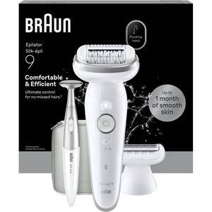 Braun Epilierer Silk-epil 9, SES9-241, mit 4 Aufsätzen, Bikinitrimmer und Tasche, weiß/silber