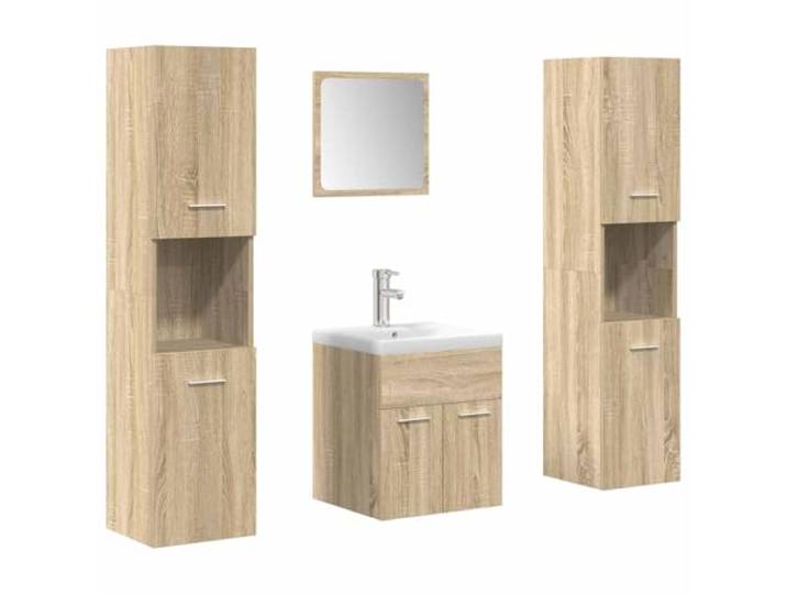 POUFGDR Badezimmermöbel-Set, 5-teilig, Sonoma-Eiche Wandschrank, Keramikspüle, Glasspiegel, Technikholz, geräumige Aufbewahrung, Wandbefestigung