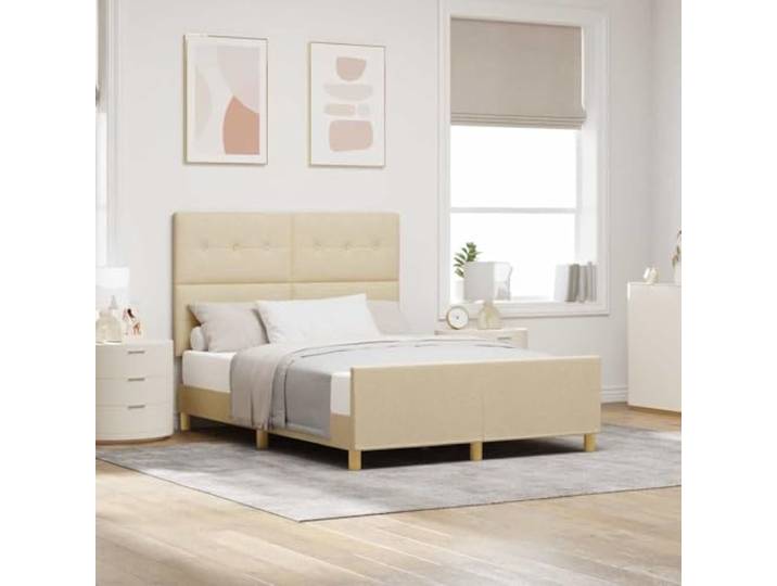 RJPLMFV Bettgestell mit Kopfteil, Creme, 140 x 200 cm, Stoff Lattenrost inklusive, weicher Stoff, gepolstertes Kopfteil, moderner Stil