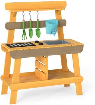 Costway Outdoor Mud Kitchen for Kids Wooden Play Kitchen Toy for Boys Girls Aged 3-8-Yellow