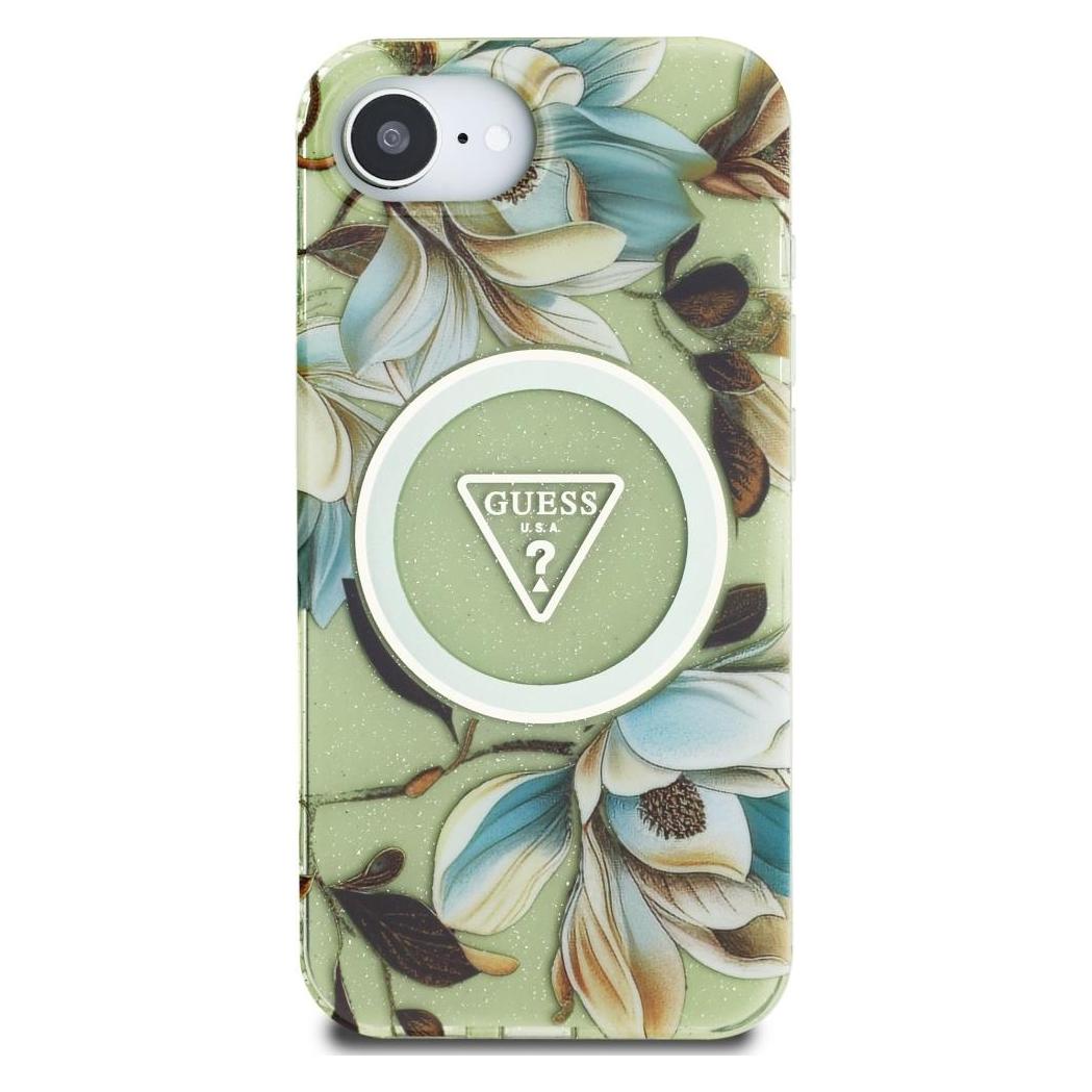 Guess Case IML Metal Glitter Flowers Triangle MagSafe for iPhone 16e green (Apple iPhone 16e, Apple iPhone 17e) (GUE004563-0)