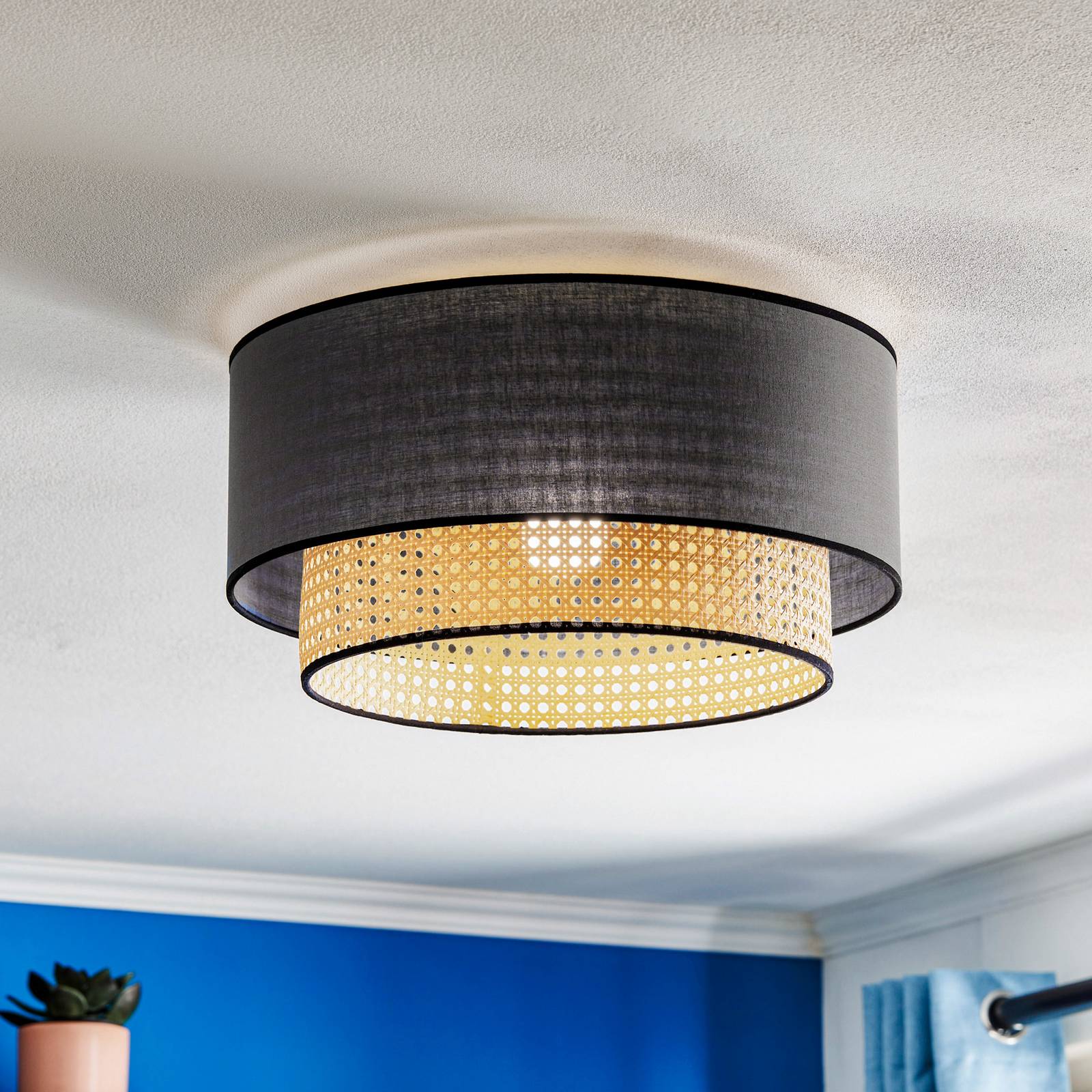 Deckenlampe Boho Duolla, dimmbar, schwarz, für Wohn- / Esszimmer, Textil / Stoff / Seide, Landhaus / Rustikal, Deckenlampe