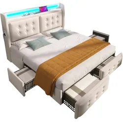 OKWISH Polsterbett 180×200 mit LED-Kopfteil, USB-Anschlüssen, 4 Schubladen, Stauraumbett aus Holz und Metall, Vintage-Design, Beige