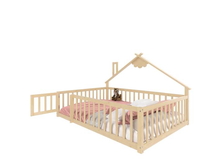 Flieks Flachbett 140x190cm Natur Kiefer Kinderbett Hausleiste Geländer, Naturfarben, Holz, 140x190 cm, Schlafzimmer, Betten
