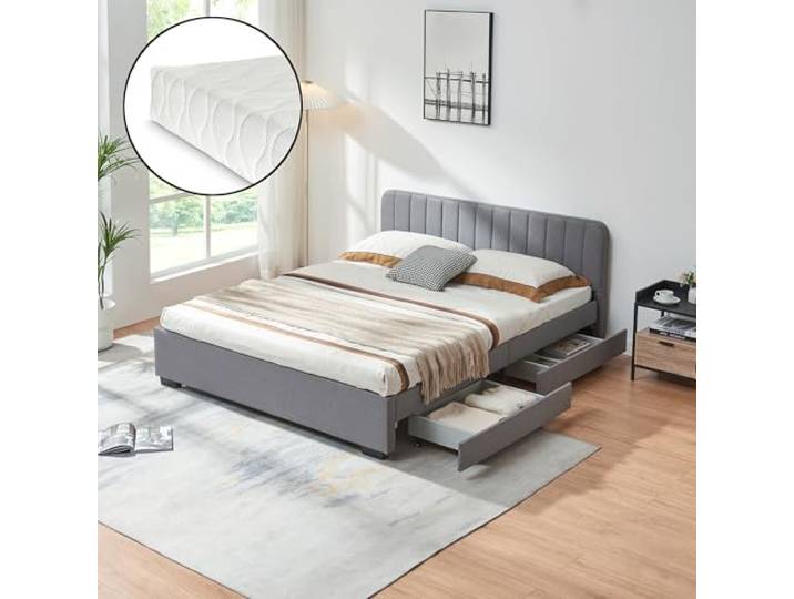 [en.casa] Polsterbett Nofrenna Doppelbett mit Matratze und 4 Schubladen gepolstert Stauraumbett 160 x 200 cm Bettgestell mit Lattenrost Leinenbezug Grau