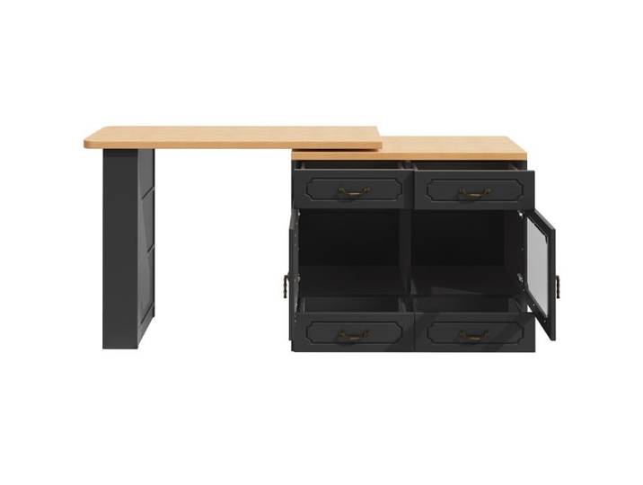 Îlot central extensible avec rangement – Plateau rotatif 360° et LED – Noir et bois naturel