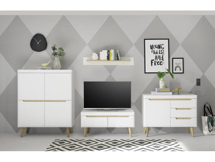 Beauty.Scouts Wohnzimmer-Set Lumira - Highboard, Sideboard, Lowboard, Wandboard, Scandi Oak Dekor