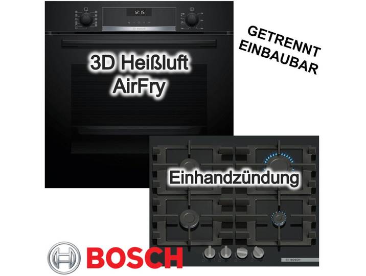 BOSCH Backofen-Set Backofen 3D Heißluft AirFry EcoClean +Gaskochfeld Einhandzündung