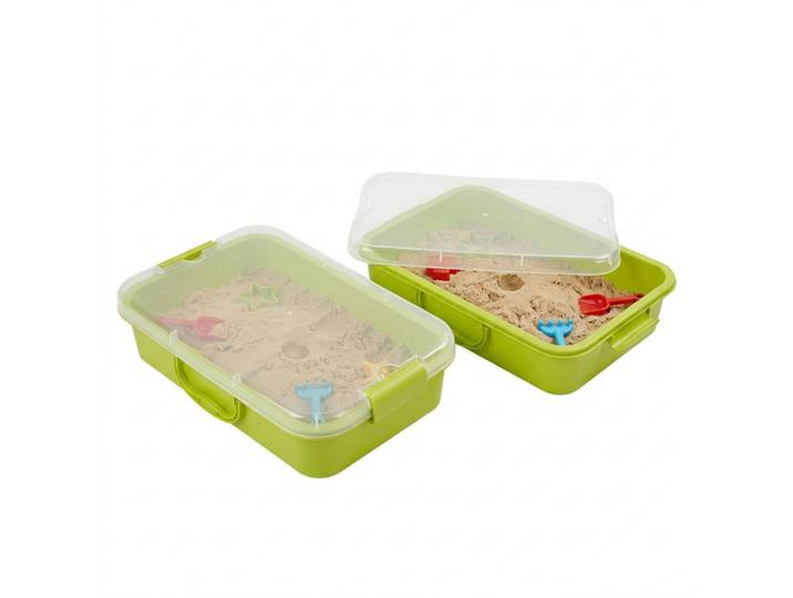 Relaxdays Sandkasten Hellgrün 2er-Set mit Deckel, Grün, Kunststoff, 38x8x25 cm, Freizeit & Co, Outdoor-Spielzeug, Sandkasten
