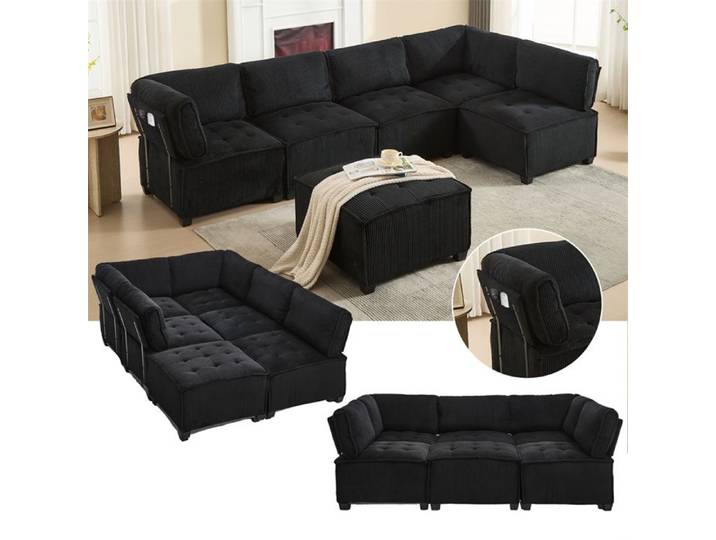 DRIPEX Canapé 6 places modulable en velours côtelé Canapé Confortable en forme de L/U Noir