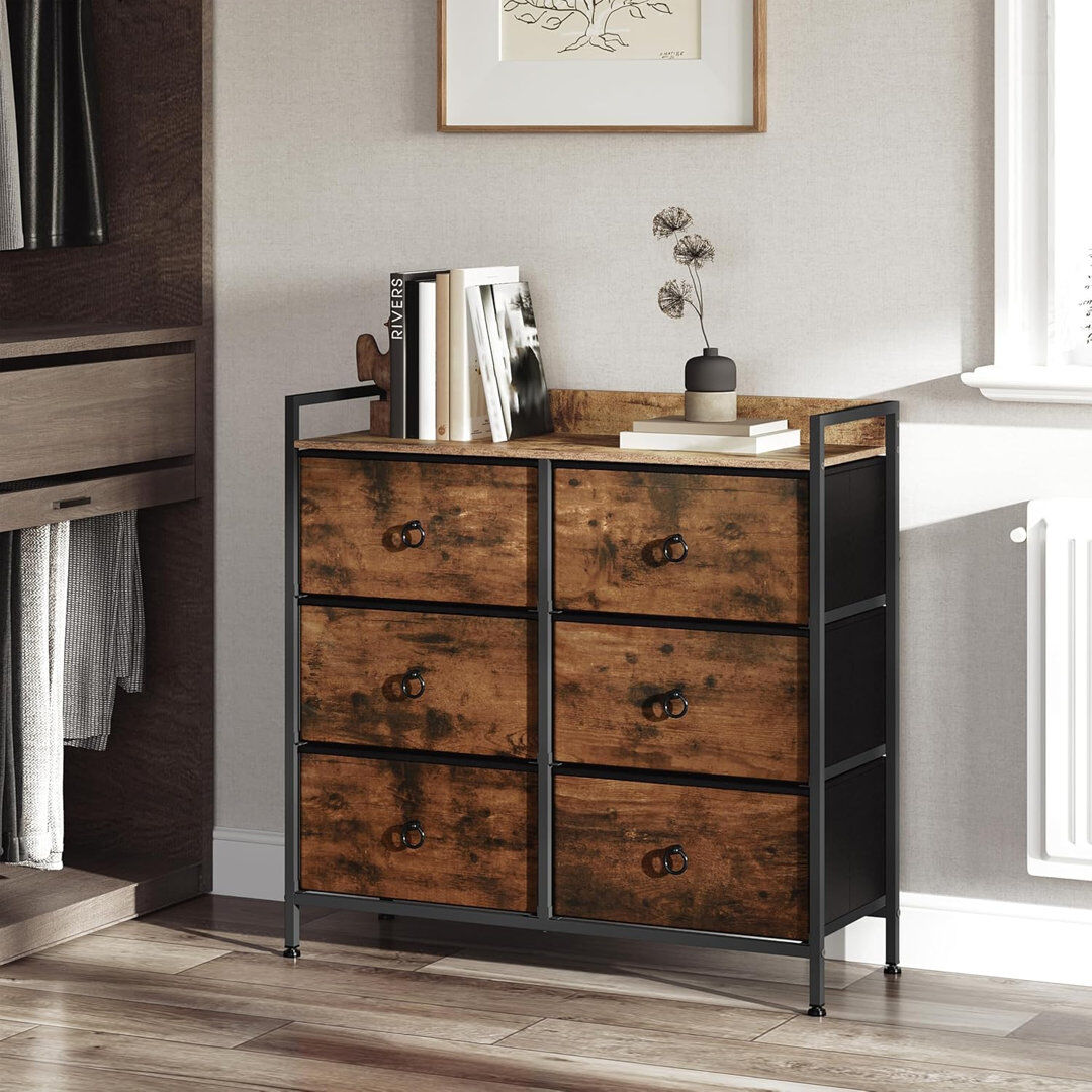 Borough Wharf Chest of drawers with drawers, cabinet with 6 fabric drawers, storage cabinet for bedroom, living room, hallway, metal frame, industrial style Brown/Black 78cm H X 80cm W X 29cm D