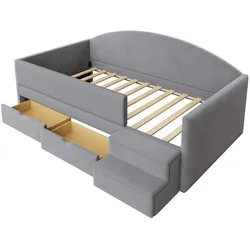 MODFU Polsterbett Sofabett 90x190 mit Schubladen, Sicherheitsstufen, Samtbezug, Einzelbett mit Stauraum und gepolstertem Rausfallschutz, Hellgrau