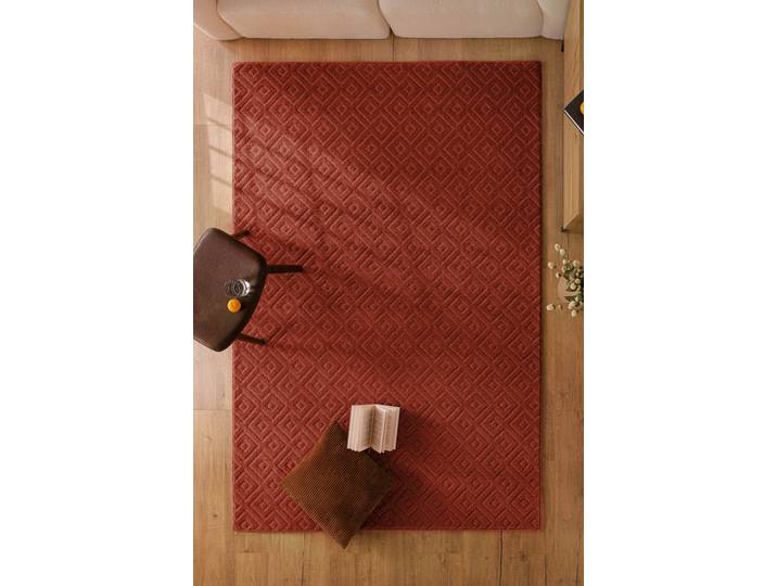 Teppich WECON HOME Castello TWO , rot (kamin rot), B:200cm H:7mm L:300cm, Schurwolle, Teppiche, Teppich, Schurwolle, Kurzflor mit Hoch-Tief-Effekt, Wohnzimmer, Rautenmuster