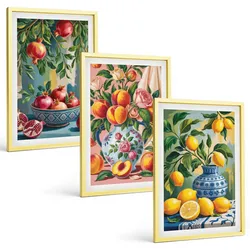 BILDER SET 3er Set - 40x60 cm Goldrahmen - Fruchtzusammensetzung von Granatäpfeln
