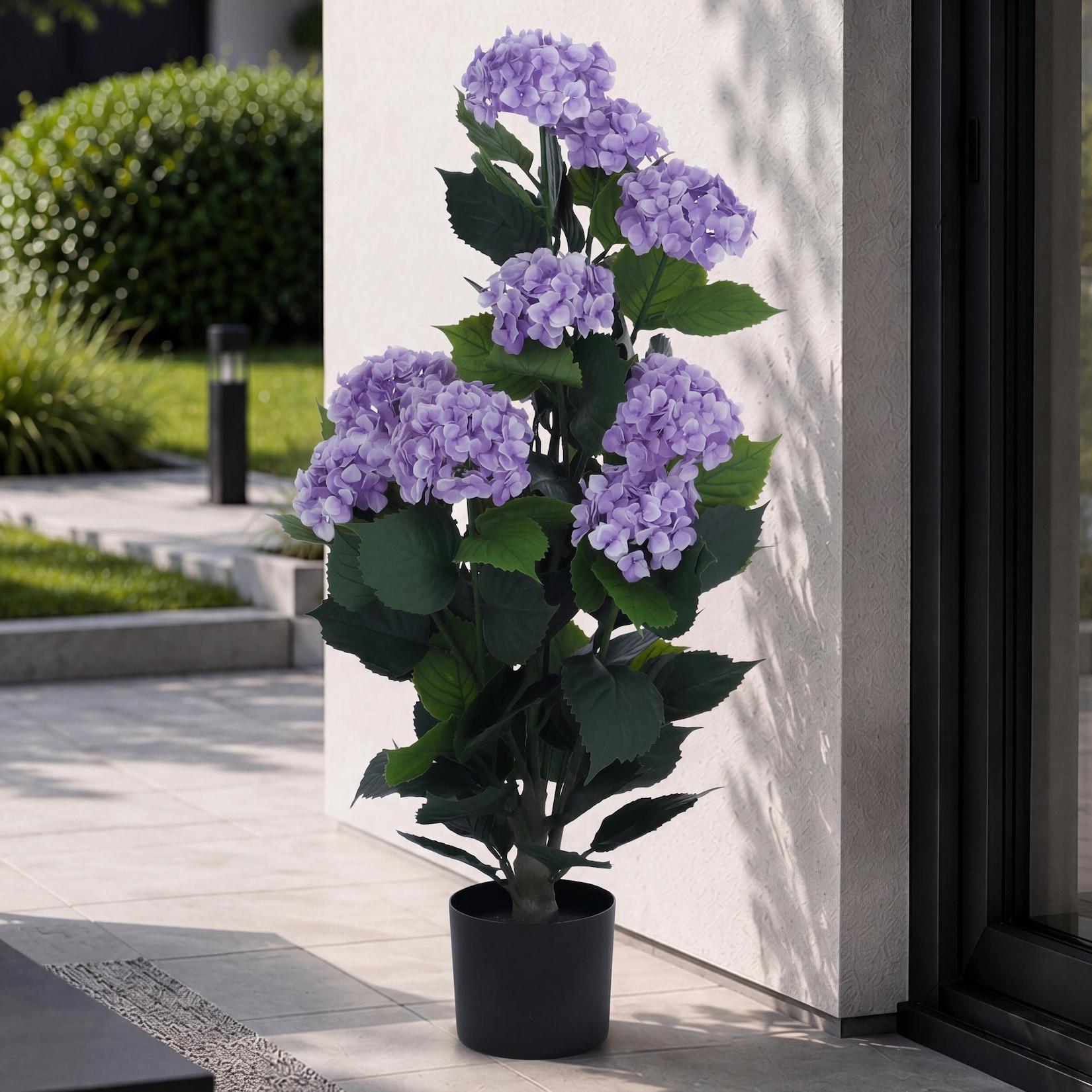 Künstliche Hortensie MCW-Q86, Dekopflanze Kunsthortensie Kunstpflanze, Outdoor Polyethylen 90x50x50cm ~ lila