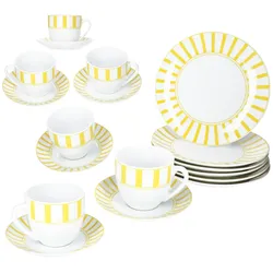 18tlg Kaffeeservice Split gelb Porzellan 6 Pers Tasse Untertasse Teller Streifen