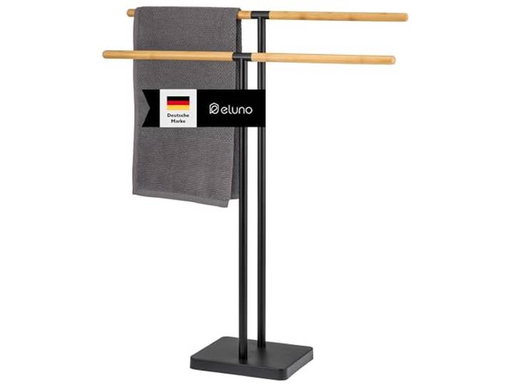 eluno Stand-Handtuchhalter freistehend, 2 Stangen, Handtuchständer, Bambus/Metall (Schwarz)