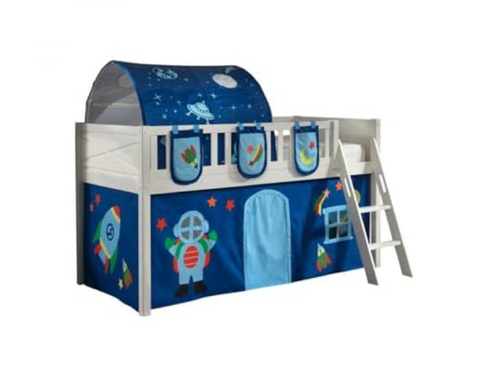 Halbhochschläfer Scottie 90x200 cm mit Astronautenspielvorhang, 3 Aufbewahrungstaschen und Betttunnel-weiß