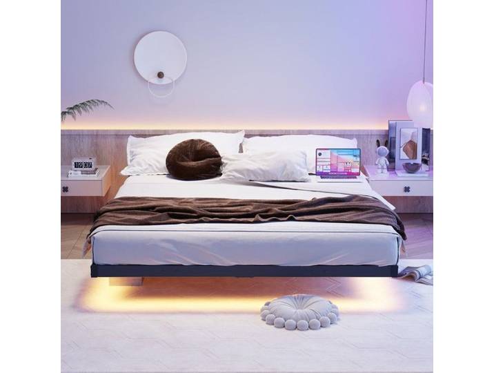 Lit flottant en métal - BLACKCOLOR - 140 x 190 cm - Sommier à lattes - Éclairage LED réglable