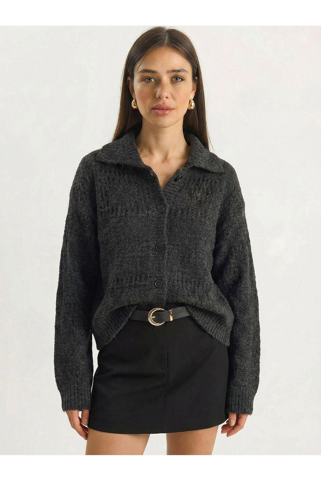Gestructureerde Polo Kraag Knopen Cardigan