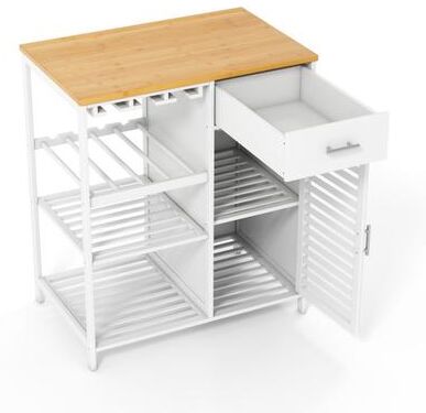 Costway Coffee Bar Cabinet with Glass Holder Wine Rack and Bamboo Top-White