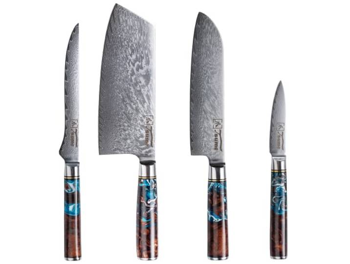 Tsume Exotic Set Sturm, Messerset mit 4 Premium Küchenmessern, Echte Damast Küchenmesser, 67 Schichten VG10 Edelstahlkern mit Sturmigem Kunstharz Handgriffen, Rasiermesserscharfe Premium