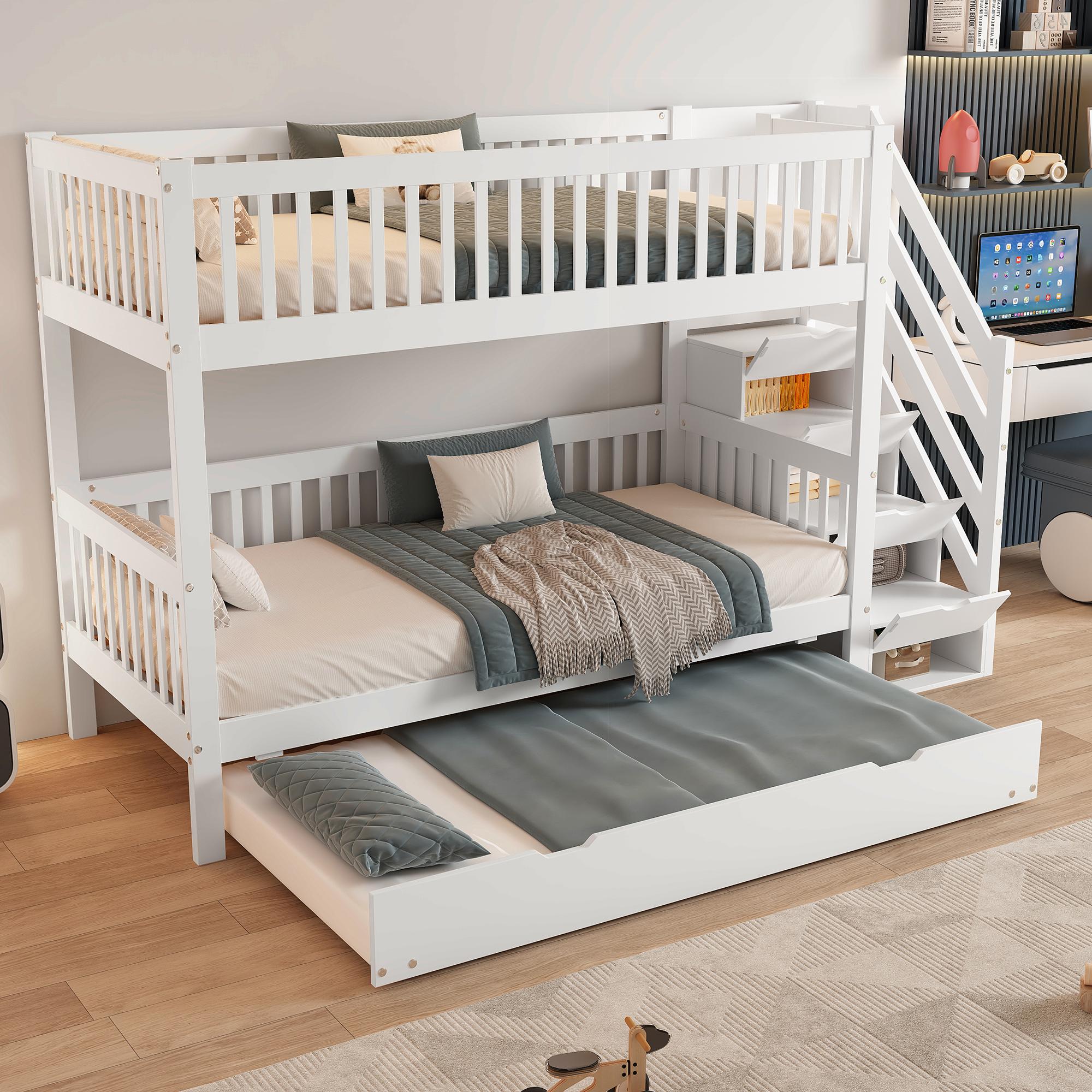 Etagenbett mit Ausziehbett, 3 Schlafplätze, Stauraumtreppe, Weiß