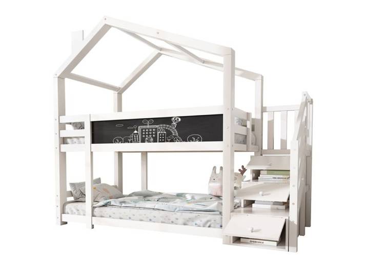 Lit cabane enfant - 90x200 cm - forme cabane - rangements et tableau - bois blanc