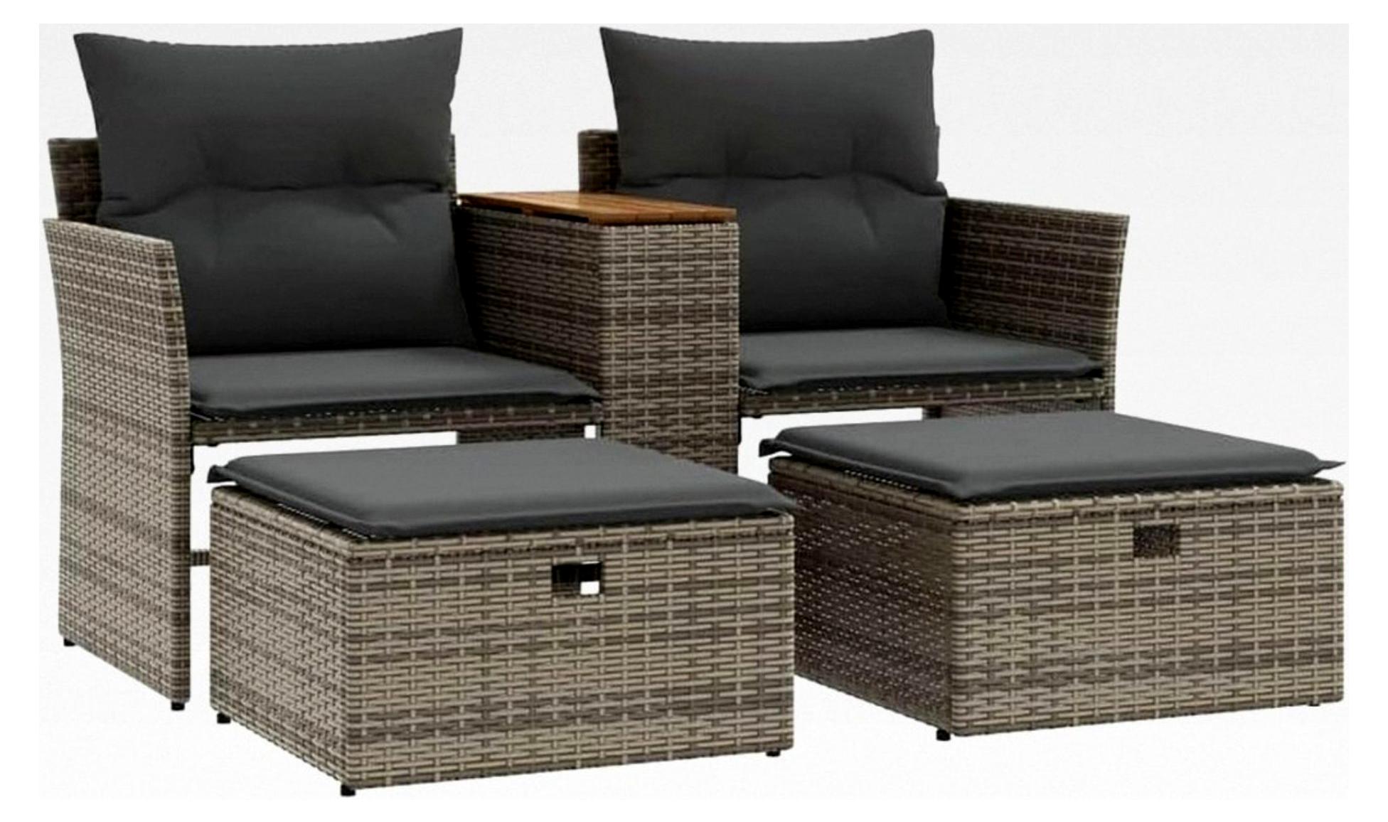 Gartensofa 2-Sitzer, Outdoor Sofa mit integrierter Ablage, Terrassensofa mit Hockern, Gartenmöbel Sofagarnitur, Grau Poly Rattan