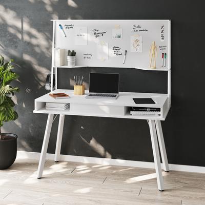 Aura Study Computer Desk with Storage & Magnetic Dry Erase White Board, White On-Site