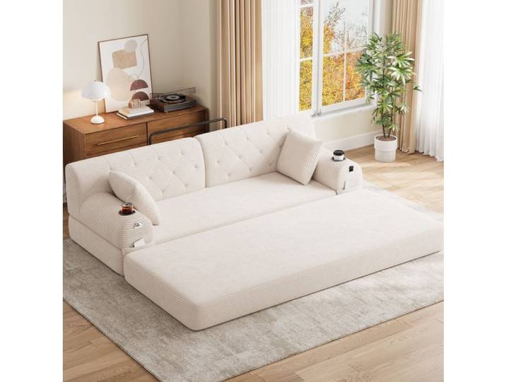 Canapé-Lit 3 Places En Beige Sofa Convertible Moderne FloraGrace Pour Salon Sans Montage 208x80x81cm