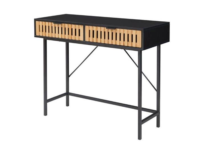 Table console - HELLOSHOP26 - 100x40x75 cm - Noir naturel - 2 tiroirs - Métal MDF bambou