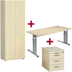 Geramöbel Möbel-Set »New York« 3-teilig, Schreibtisch mit C-Fuß, Rollcontainer und Schrank braun