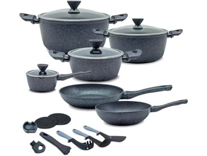 Avilia Set mit 18 antihaftbeschichteten Kochtöpfen aus geschmiedetem Aluminium mit rauen Marmorbeschichtungen – geeignet für jede Herdplatte, einschließlich Induktion, 18-teiliges Topfset mit
