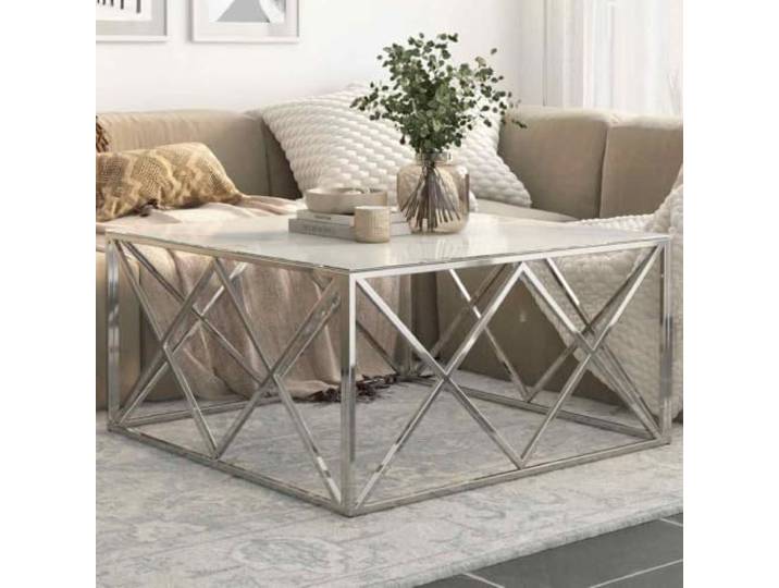 HEFZGDB Couchtisch Silbern Edelstahl und Hartglas mit Marmor-Optik Platte Robuster Akzenttisch Moderner Wohnzimmertisch Stabiles Gestell Schmutzabweisend Pflegeleicht