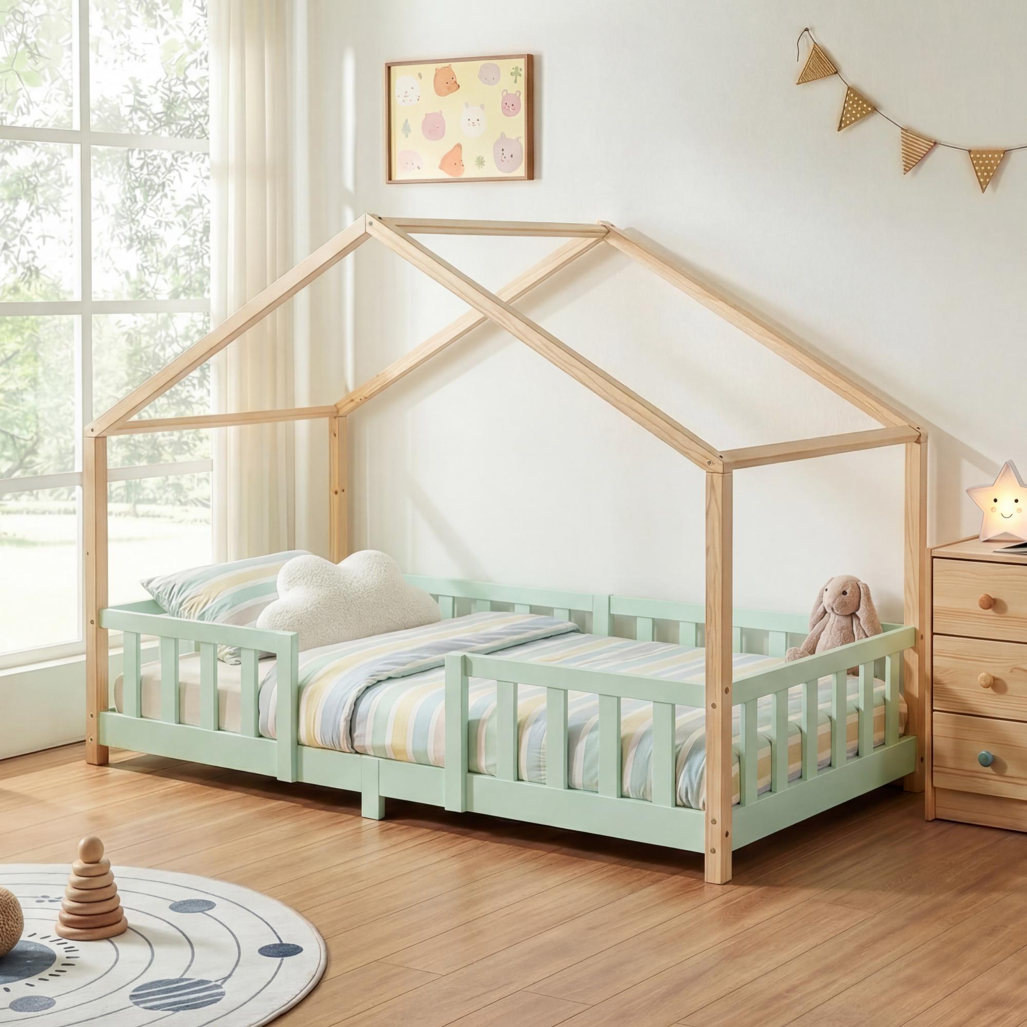 Kinderbett 'Treviolo' in Haus-Optik mit Rausfallschutz Kiefernholz 90 x 200 cm Mintgrün / Natur