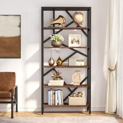 ROSE "71"" Industrial Bookshelf, 6 Tier Rustic Brown Wood Etagere Bookcase, Open Book Shelves"