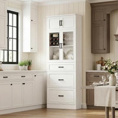 Rackcog Farmhouse Corner Display Bookcase with Glass Door and Wood Drawers, Storage Cabinet for Kicthen and Study