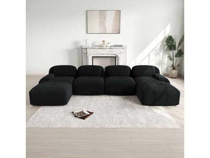 Canapé d'angle modulable noir plusieurs places sans montage tissu côtelé respirant mousse 32D