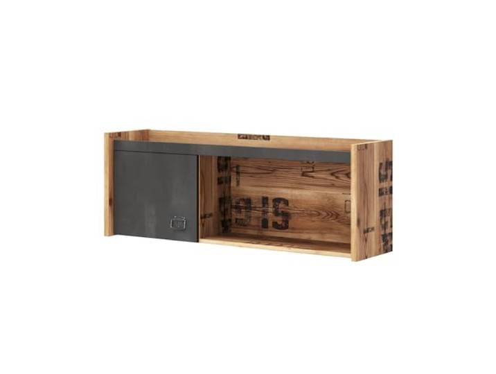 MEBLINI Hängeschrank Vintage für Jugendzimmer, Kinderzimmer, Schlafzimmer - Wandschrank mit Einer Tür - Oberschrank - Aufsatzschrank - Fargo FG-08-110x28x40 cm - Braun mit Aufdrucken