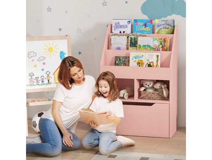 Bibliothèque étagère Multi-Rangement 3 étagères 2 niches Grand tiroir en bois Rose
