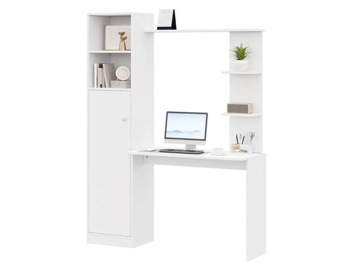 Bureau De Travail Blanc 123.5x45x168.5cm design Moderne Équipé D'armoire Et Étagère De Rangement Pour Étude Et Bureau