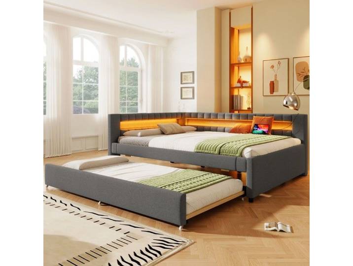 Canapé-lit Daybed - 140x200 cm - Lin gris - LED intégrée pilotable - USB / Type-C