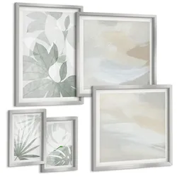 BILDER SET 5er Set - 50x50 cm & 20x30 cm & 40x60 cm Silberner Rahmen - Die Blätter der Pflanzen sind grünlich-grau.