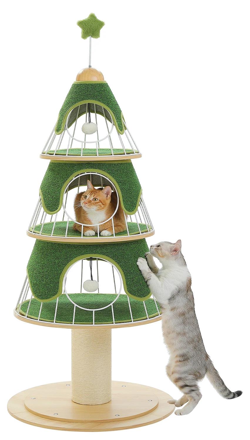 Weihnachts Kratzbaum für Katzen - Mehrstöckiger Kletterturm - 4 Ebenen - 3 Kuschelhöhlen - Sisal Kratzsäulen - Größe L - Grün