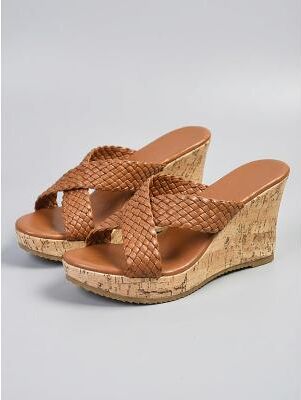 LightInthebox Women's Brown Woven Cross Strap Wedge Sandals – Casual Platform Slides for Resort Outdoor Vacation Wear