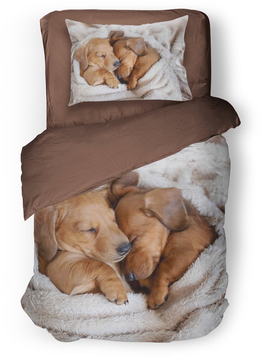 Eleganzzz Kinder Dekbedovertrek Puppy Parade Labrador Retriever - Taupe - 140 x 220 cm - Micropercal