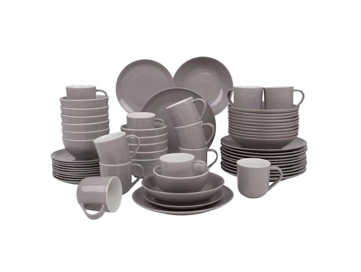 AMBITION Tafel und Kaffeeservice 12 personen Linea 60-teilig Porzellan Teller Tassen Schalen dezente Linien Spülmaschine & Mikrowelle grau